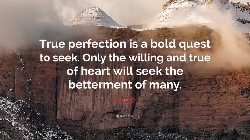 Socrates Quote: “True perfection is a bold quest to seek. Only the willing and true of heart will seek the betterment of many.”