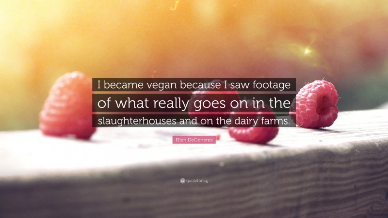 Ellen DeGeneres Quote: “I became vegan because I saw footage of what really goes on in the slaughterhouses and on the dairy farms.”