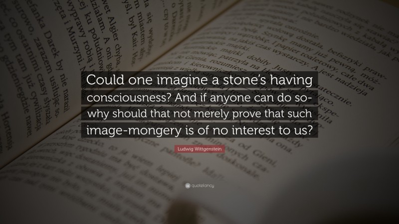 Ludwig Wittgenstein Quote: “Could one imagine a stone’s having consciousness? And if anyone can do so-why should that not merely prove that such image-mongery is of no interest to us?”