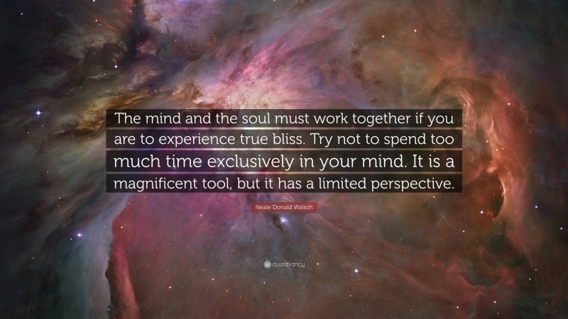 Neale Donald Walsch Quote: “The mind and the soul must work together if you are to experience true bliss. Try not to spend too much time exclusively in your mind. It is a magnificent tool, but it has a limited perspective.”