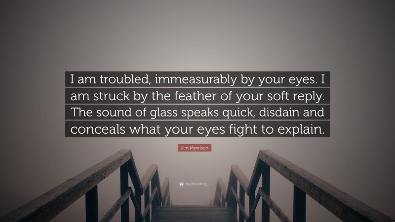Jim Morrison Quote: “I am troubled, immeasurably by your eyes. I am struck by the feather of your soft reply. The sound of glass speaks quick, disdain and conceals what your eyes fight to explain.”