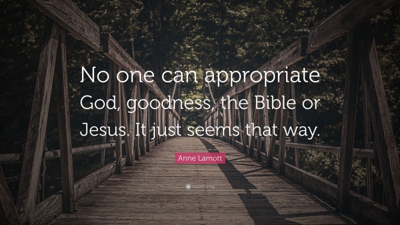 Anne Lamott Quote: “No one can appropriate God, goodness, the Bible or Jesus. It just seems that way.”