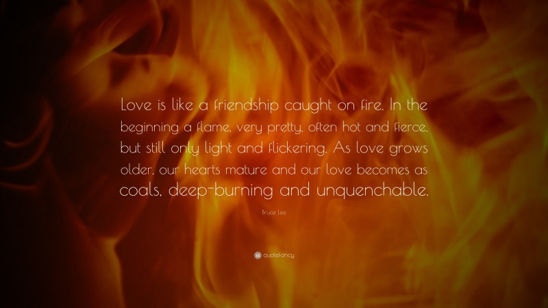 Bruce Lee Quote: “Love is like a friendship caught on fire. In the beginning a flame, very pretty, often hot and fierce, but still only light and flickering. As love grows older, our hearts mature and our love becomes as coals, deep-burning and unquenchable.”