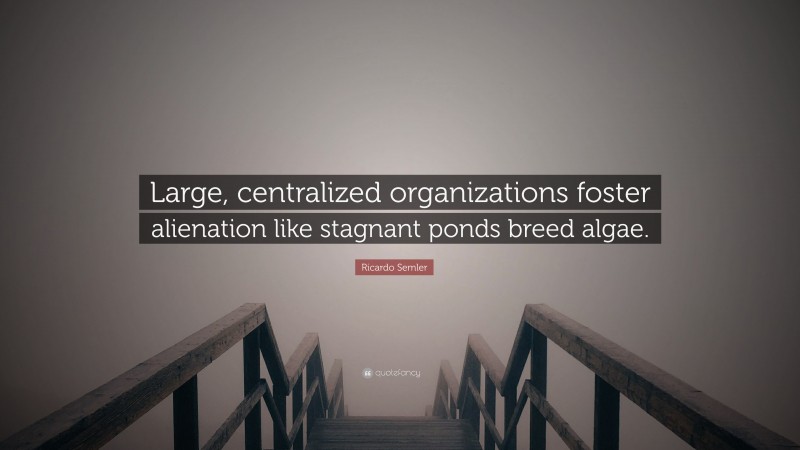Ricardo Semler Quote: “Large, centralized organizations foster alienation like stagnant ponds breed algae.”