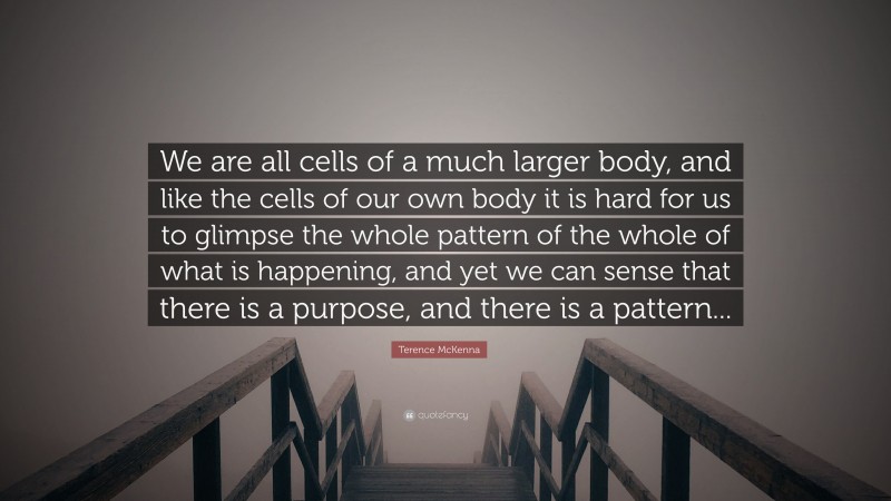 Terence McKenna Quote: “We are all cells of a much larger body, and like the cells of our own body it is hard for us to glimpse the whole pattern of the whole of what is happening, and yet we can sense that there is a purpose, and there is a pattern...”