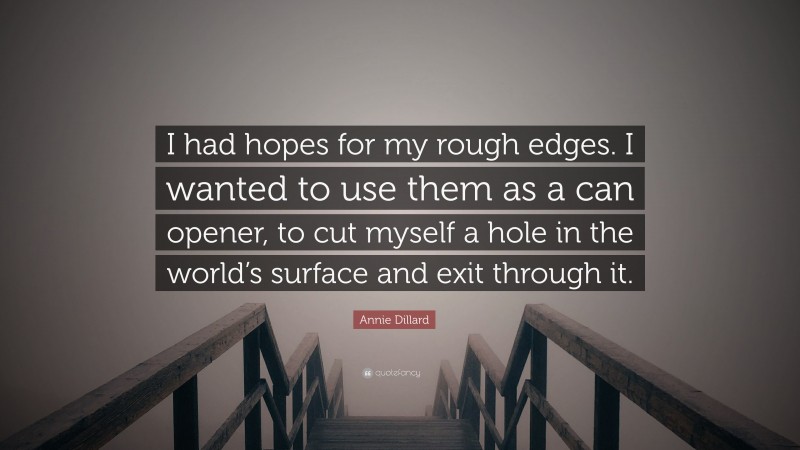 Annie Dillard Quote: “I had hopes for my rough edges. I wanted to use them as a can opener, to cut myself a hole in the world’s surface and exit through it.”