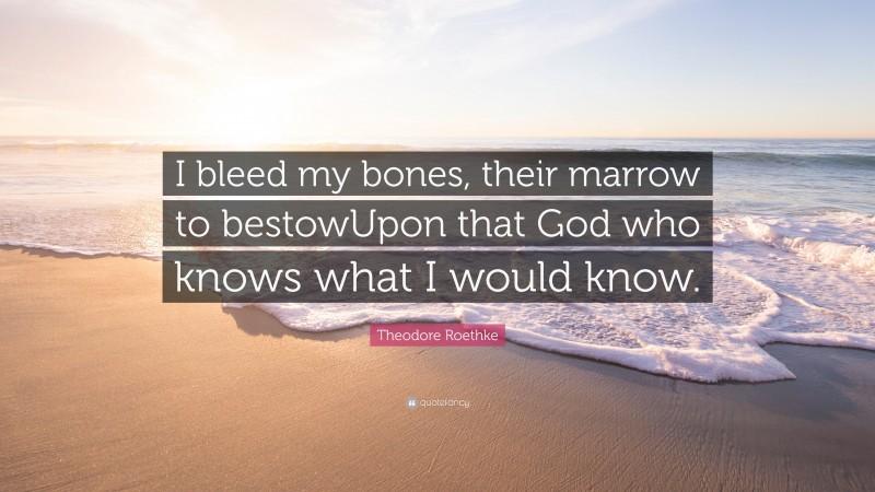 Theodore Roethke Quote: “I bleed my bones, their marrow to bestowUpon that God who knows what I would know.”