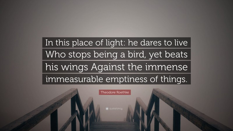 Theodore Roethke Quote: “In this place of light: he dares to live Who stops being a bird, yet beats his wings Against the immense immeasurable emptiness of things.”