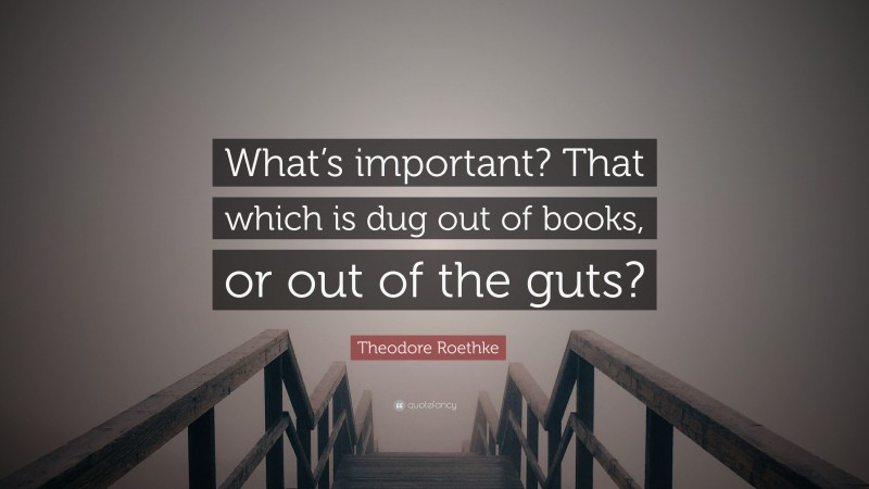 Theodore Roethke Quote: “What’s important? That which is dug out of books, or out of the guts?”