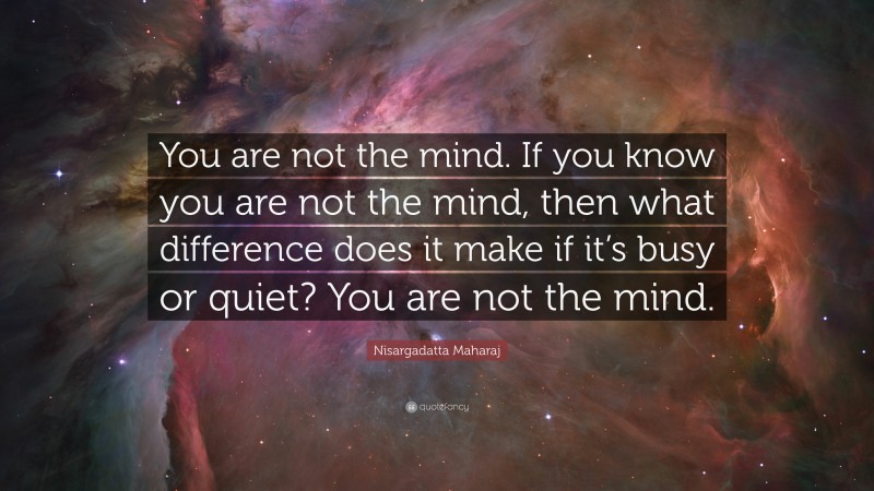 Nisargadatta Maharaj Quote: “You are not the mind. If you know you are not the mind, then what difference does it make if it’s busy or quiet? You are not the mind.”
