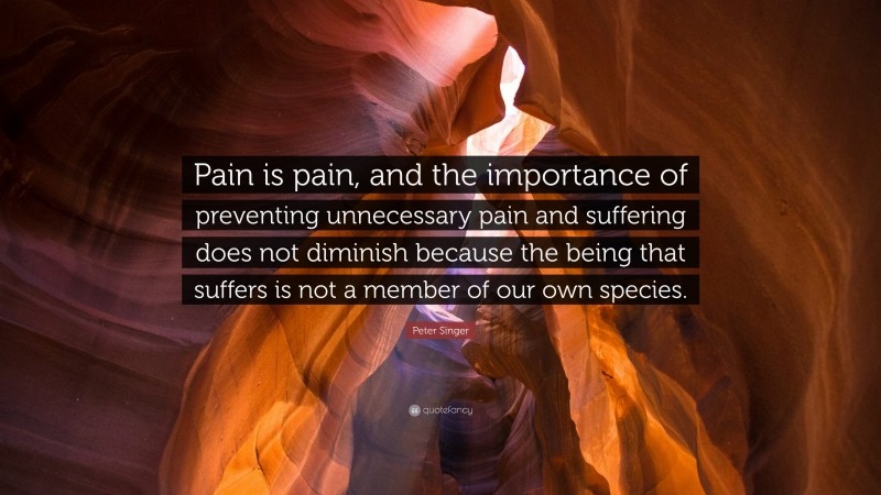 Peter Singer Quote: “Pain is pain, and the importance of preventing unnecessary pain and suffering does not diminish because the being that suffers is not a member of our own species.”