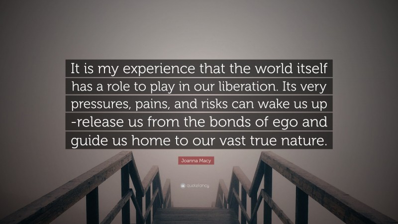 Joanna Macy Quote: “It is my experience that the world itself has a role to play in our liberation. Its very pressures, pains, and risks can wake us up -release us from the bonds of ego and guide us home to our vast true nature.”