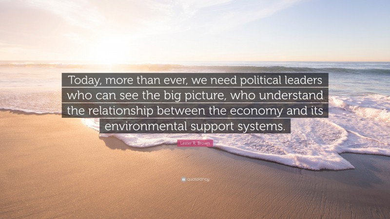 Lester R. Brown Quote: “Today, more than ever, we need political leaders who can see the big picture, who understand the relationship between the economy and its environmental support systems.”