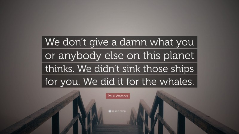 Paul Watson Quote: “We don’t give a damn what you or anybody else on this planet thinks. We didn’t sink those ships for you. We did it for the whales.”