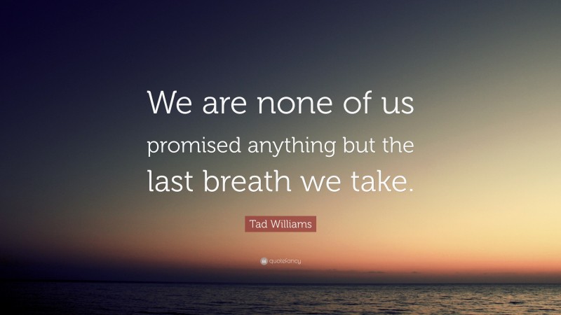 Tad Williams Quote: “We are none of us promised anything but the last breath we take.”
