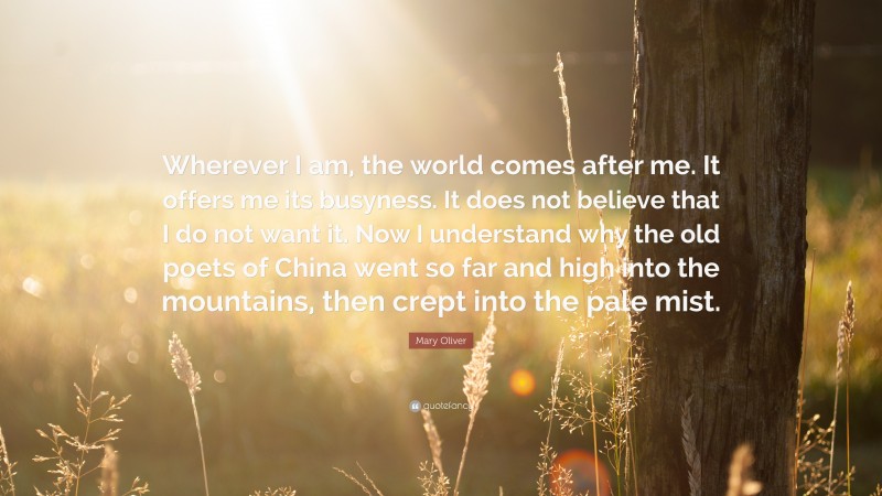 Mary Oliver Quote: “Wherever I am, the world comes after me. It offers me its busyness. It does not believe that I do not want it. Now I understand why the old poets of China went so far and high into the mountains, then crept into the pale mist.”