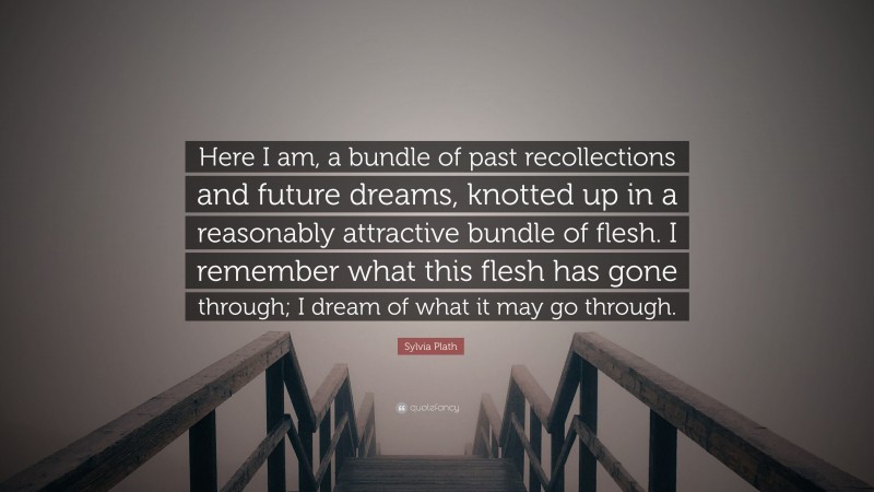 Sylvia Plath Quote: “Here I am, a bundle of past recollections and future dreams, knotted up in a reasonably attractive bundle of flesh. I remember what this flesh has gone through; I dream of what it may go through.”