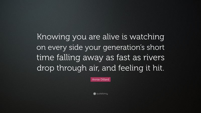 Annie Dillard Quote: “Knowing you are alive is watching on every side your generation’s short time falling away as fast as rivers drop through air, and feeling it hit.”