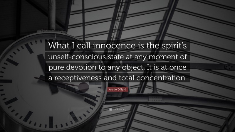 Annie Dillard Quote: “What I call innocence is the spirit’s unself-conscious state at any moment of pure devotion to any object. It is at once a receptiveness and total concentration.”