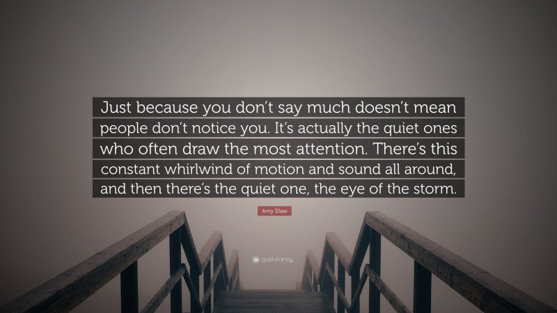 Amy Efaw Quote: “Just because you don’t say much doesn’t mean people don’t notice you. It’s actually the quiet ones who often draw the most attention. There’s this constant whirlwind of motion and sound all around, and then there’s the quiet one, the eye of the storm.”