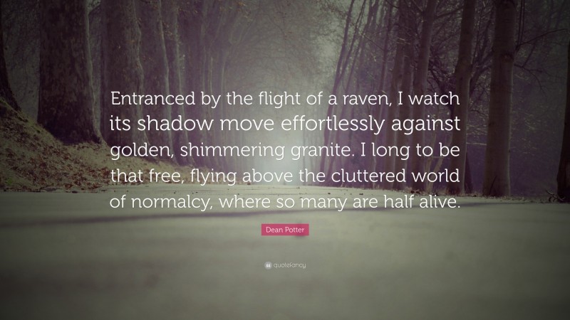 Dean Potter Quote: “Entranced by the flight of a raven, I watch its shadow move effortlessly against golden, shimmering granite. I long to be that free, flying above the cluttered world of normalcy, where so many are half alive.”