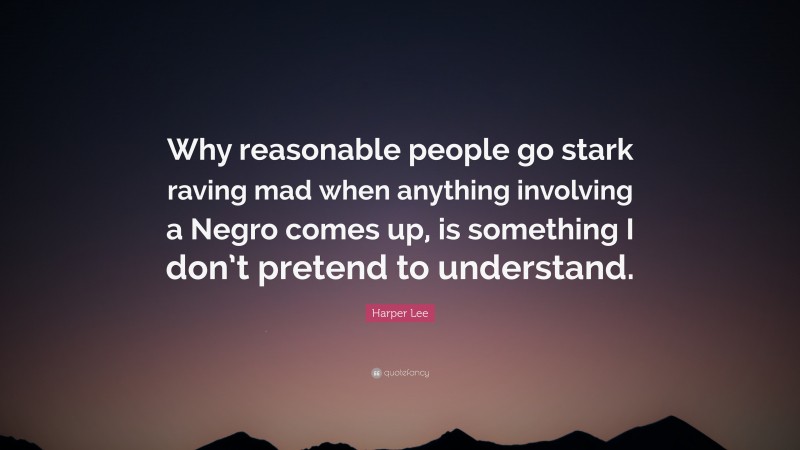 Harper Lee Quote: “Why reasonable people go stark raving mad when anything involving a Negro comes up, is something I don’t pretend to understand.”