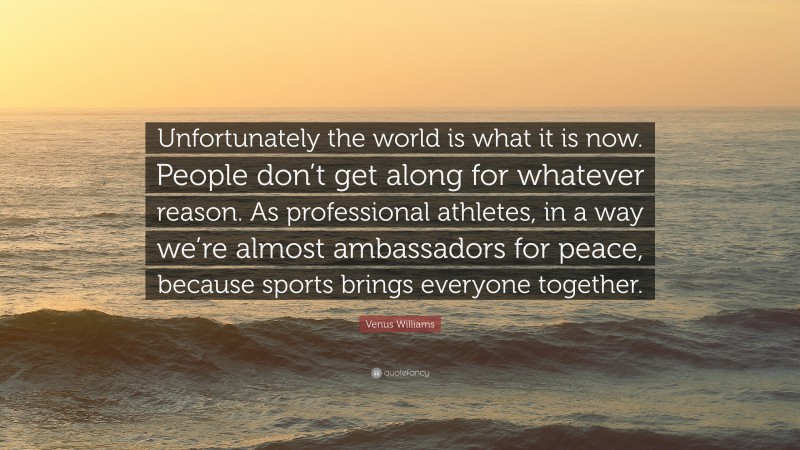 Venus Williams Quote: “Unfortunately the world is what it is now. People don’t get along for whatever reason. As professional athletes, in a way we’re almost ambassadors for peace, because sports brings everyone together.”