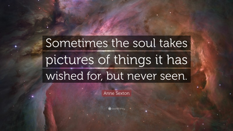 Anne Sexton Quote: “Sometimes the soul takes pictures of things it has wished for, but never seen.”