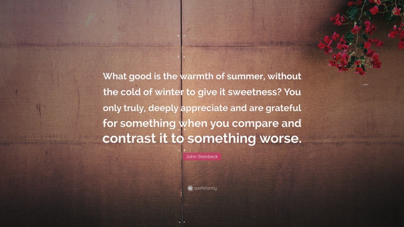 John Steinbeck Quote: “What good is the warmth of summer, without the cold of winter to give it sweetness? You only truly, deeply appreciate and are grateful for something when you compare and contrast it to something worse.”