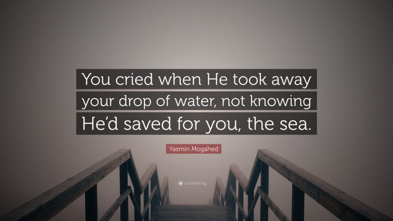 Yasmin Mogahed Quote: “You cried when He took away your drop of water, not knowing He’d saved for you, the sea.”