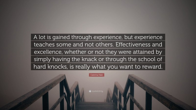 Caterina Fake Quote: “A lot is gained through experience, but experience teaches some and not others. Effectiveness and excellence, whether or not they were attained by simply having the knack or through the school of hard knocks, is really what you want to reward.”