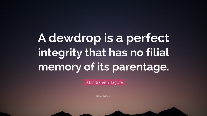 Rabindranath Tagore Quote: “A dewdrop is a perfect integrity that has no filial memory of its parentage.”