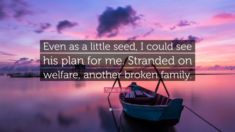 Tupac Shakur Quote: “Even as a little seed, I could see his plan for me. Stranded on welfare, another broken family.”