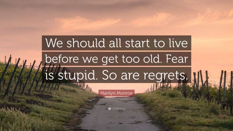 Marilyn Monroe Quote: “We should all start to live before we get too old. Fear is stupid. So are regrets.”
