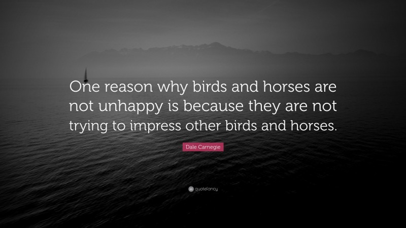 Dale Carnegie Quote: “One reason why birds and horses are not unhappy is because they are not trying to impress other birds and horses.”