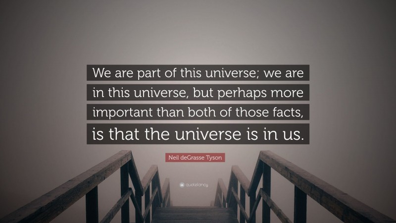 Neil deGrasse Tyson Quote: “We are part of this universe; we are in this universe, but perhaps more important than both of those facts, is that the universe is in us.”