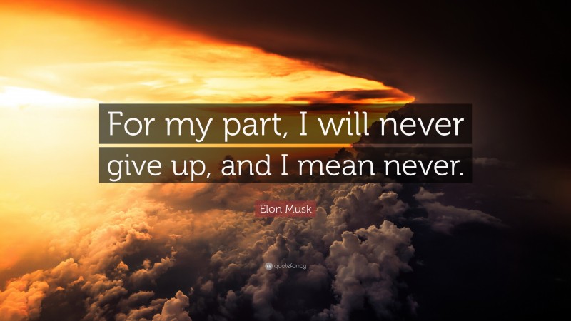 Elon Musk Quote: “For my part, I will never give up, and I mean never.”