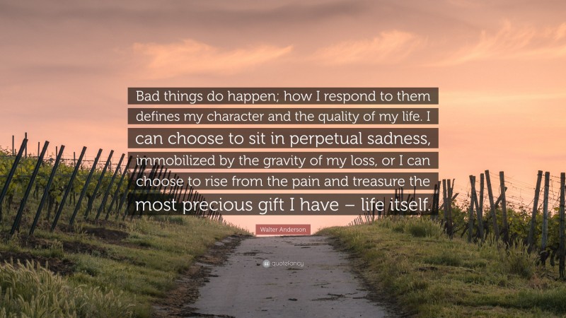 Walter Anderson Quote: “Bad things do happen; how I respond to them defines my character and the quality of my life. I can choose to sit in perpetual sadness, immobilized by the gravity of my loss, or I can choose to rise from the pain and treasure the most precious gift I have – life itself.”