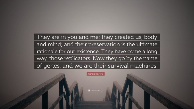 Richard Dawkins Quote: “They are in you and me; they created us, body and mind; and their preservation is the ultimate rationale for our existence. They have come a long way, those replicators. Now they go by the name of genes, and we are their survival machines.”