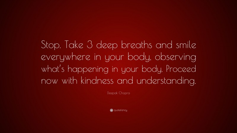 Deepak Chopra Quote: “Stop. Take 3 deep breaths and smile everywhere in your body, observing what’s happening in your body. Proceed now with kindness and understanding.”