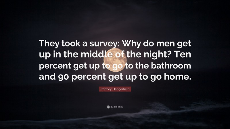 Rodney Dangerfield Quote: “They took a survey: Why do men get up in the middle of the night? Ten percent get up to go to the bathroom and 90 percent get up to go home.”