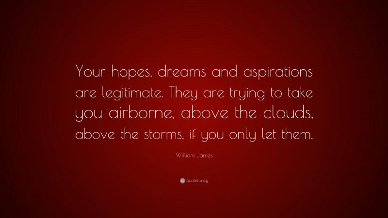 William James Quote: “Your hopes, dreams and aspirations are legitimate. They are trying to take you airborne, above the clouds, above the storms, if you only let them.”