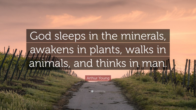 Arthur Young Quote: “God sleeps in the minerals, awakens in plants, walks in animals, and thinks in man.”