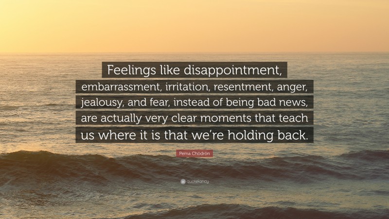 Pema Chödrön Quote: “Feelings like disappointment, embarrassment, irritation, resentment, anger, jealousy, and fear, instead of being bad news, are actually very clear moments that teach us where it is that we’re holding back.”