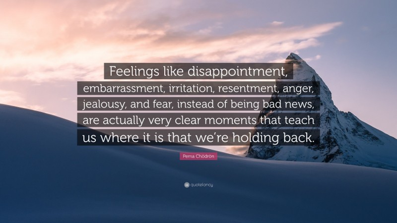 Pema Chödrön Quote: “Feelings like disappointment, embarrassment, irritation, resentment, anger, jealousy, and fear, instead of being bad news, are actually very clear moments that teach us where it is that we’re holding back.”