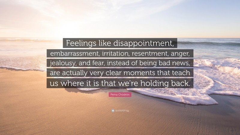 Pema Chödrön Quote: “Feelings like disappointment, embarrassment, irritation, resentment, anger, jealousy, and fear, instead of being bad news, are actually very clear moments that teach us where it is that we’re holding back.”
