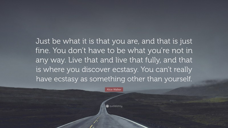 Alice Walker Quote: “Just be what it is that you are, and that is just fine. You don’t have to be what you’re not in any way. Live that and live that fully, and that is where you discover ecstasy. You can’t really have ecstasy as something other than yourself.”