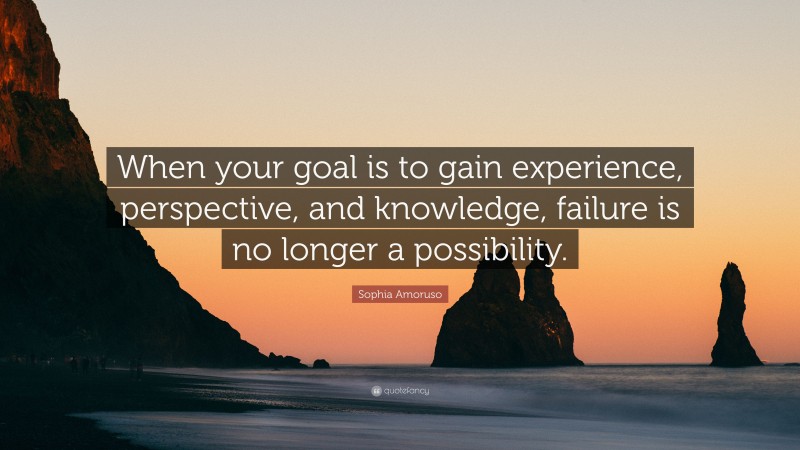 Sophia Amoruso Quote: “When your goal is to gain experience, perspective, and knowledge, failure is no longer a possibility.”