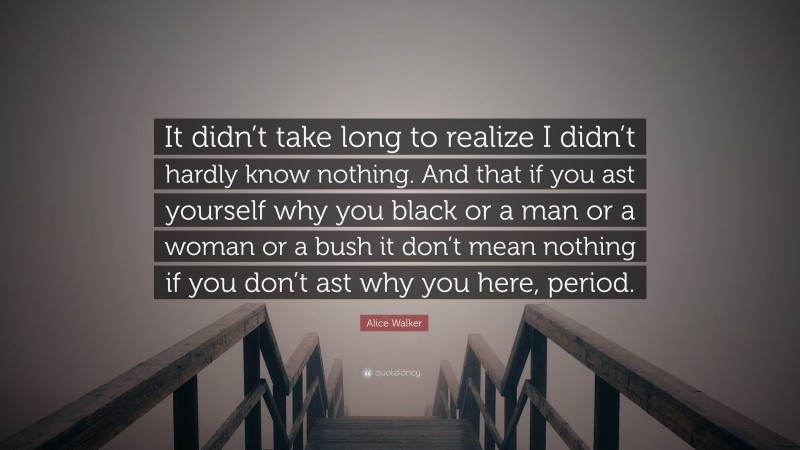 Alice Walker Quote: “It didn’t take long to realize I didn’t hardly know nothing. And that if you ast yourself why you black or a man or a woman or a bush it don’t mean nothing if you don’t ast why you here, period.”