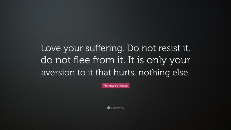 Hermann Hesse Quote: “Love your suffering. Do not resist it, do not flee from it. It is only your aversion to it that hurts, nothing else.”